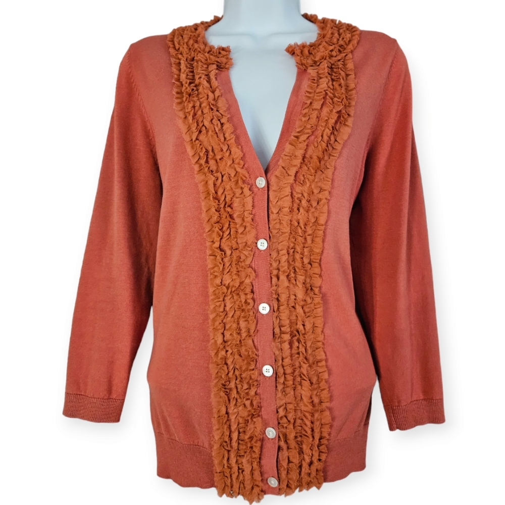 NWOT Talbots orange ruffled silk cotton cardigan sweater Womens Medium